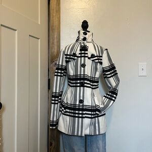 BCX Black and White Plaid Trench Coat Mod Big Buttons Soft